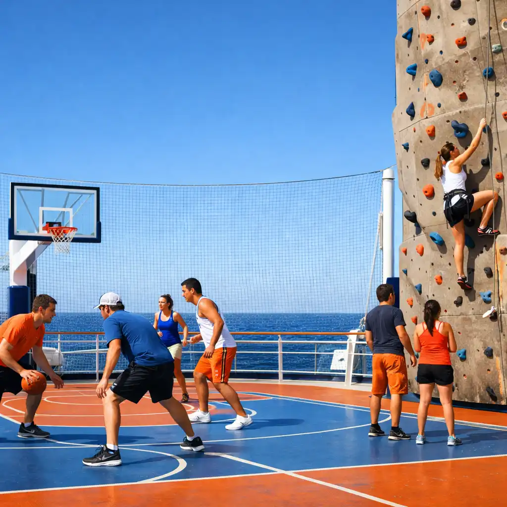 Pokład sportowy na statku wycieczkowym z boiskiem do koszykówki