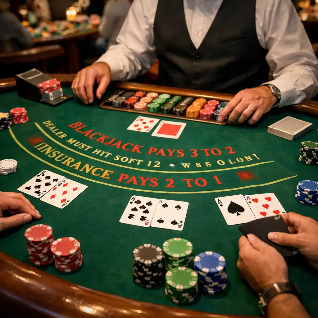 Stół do blackjacka na statku wycieczkowym, z kartami i żetonami na zielonym suknie