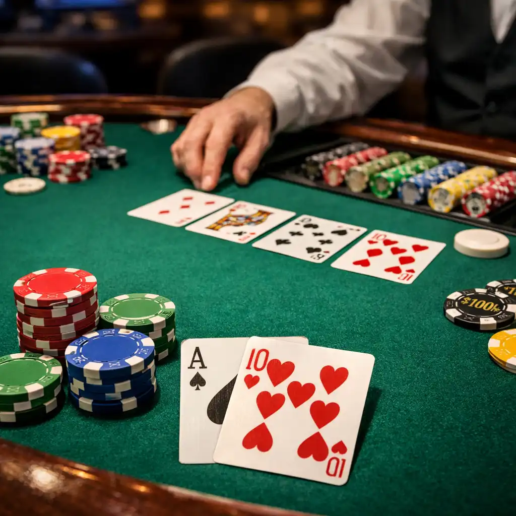 Stół pokerowy w kasynie na statku z zielonym suknem, kolorowymi żetonami i kartami