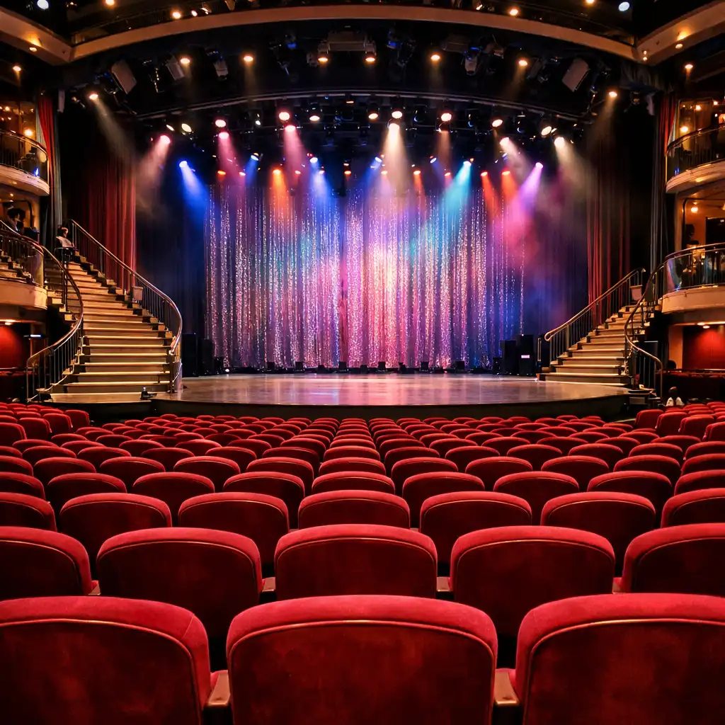 Teatr na statku wycieczkowym z czerwoną sceną i rzędami foteli