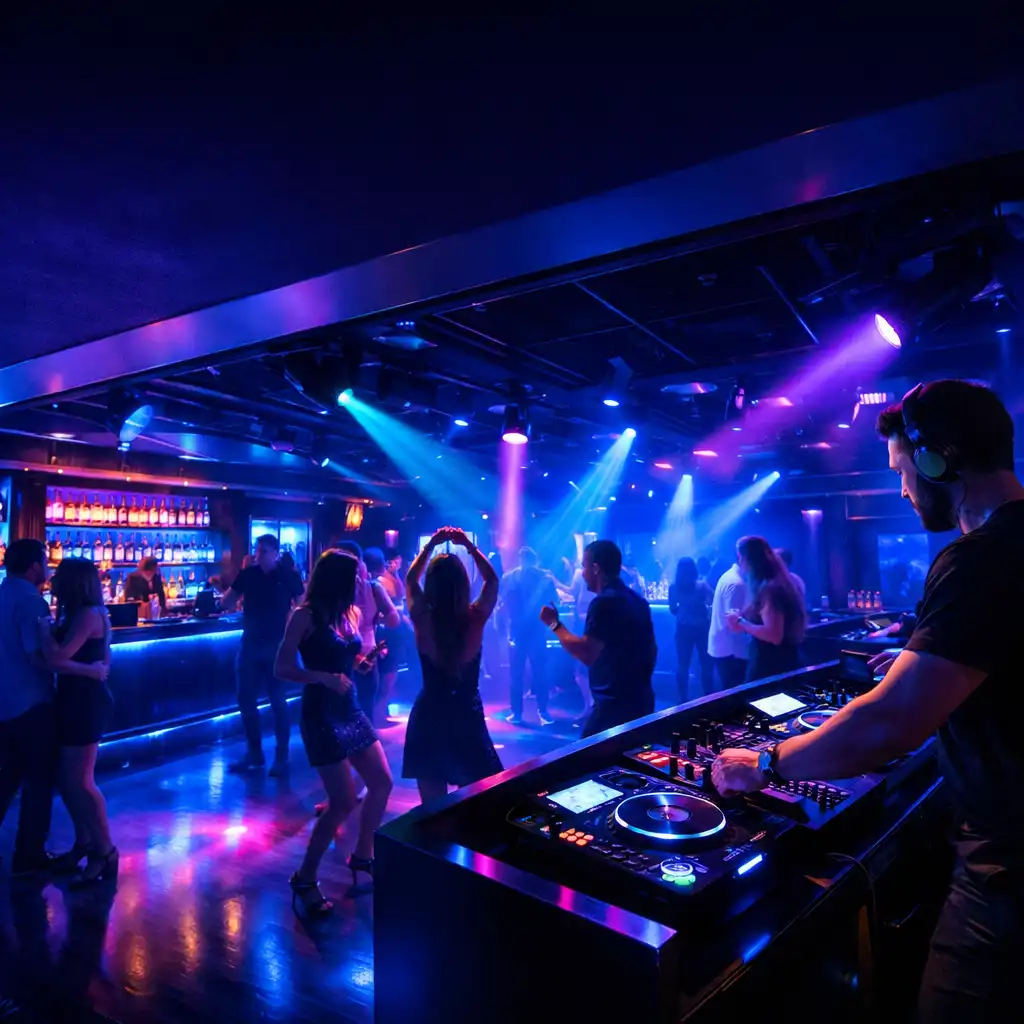 Klub nocny na statku wycieczkowym z niebieskim oświetleniem