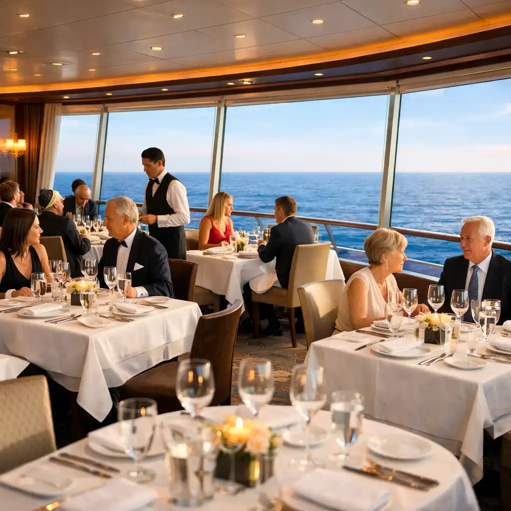 Elegancka restauracja na statku wycieczkowym z panoramicznym widokiem na morze