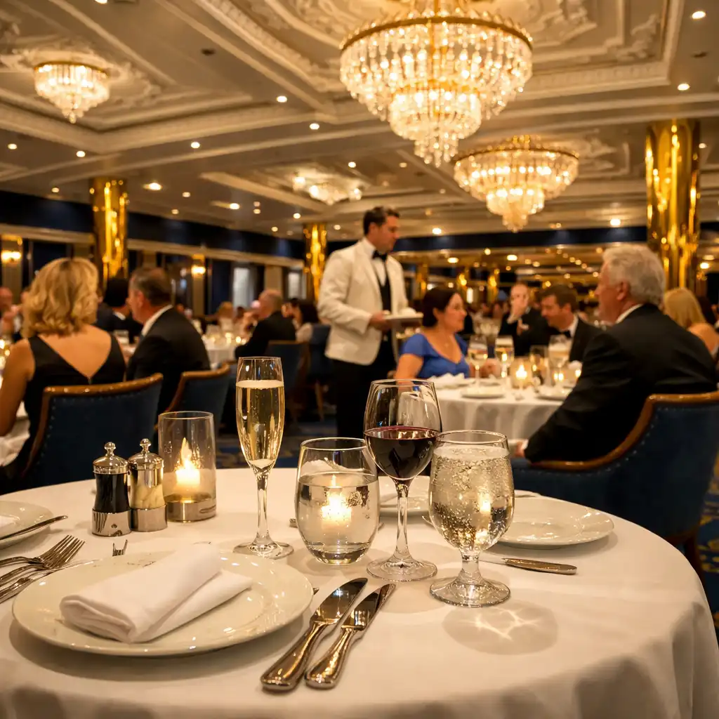 Wnętrze głównej restauracji na statku wycieczkowym z eleganckim wystrojem i nakrytymi stołami