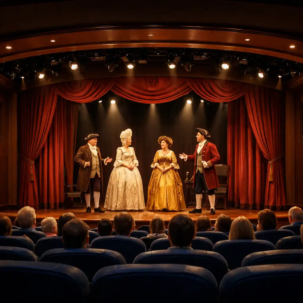 Wnętrze teatru na statku wycieczkowym z czerwoną sceną i granatowymi fotelami